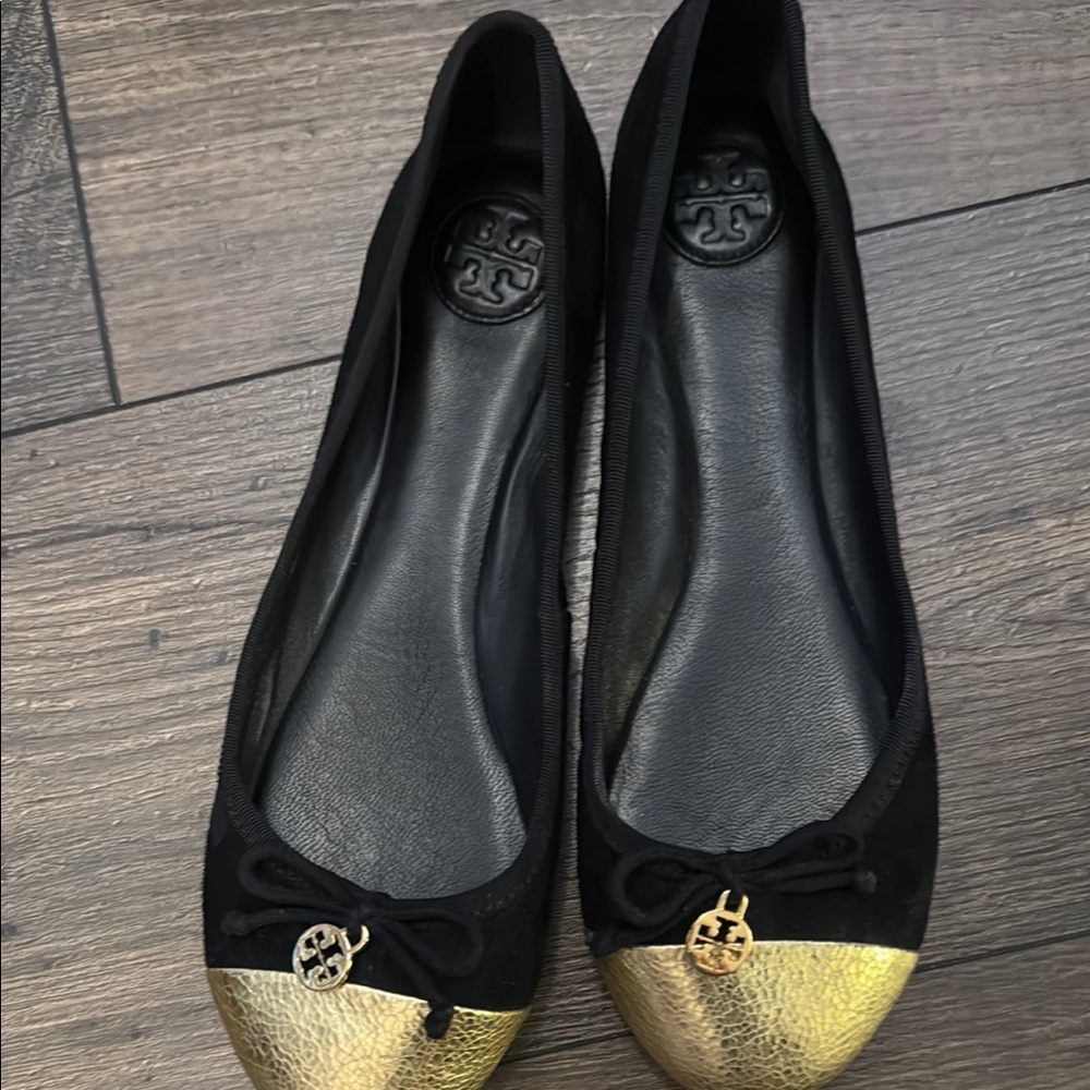 Tory Burch Black and Gold Flats with Gold Toe